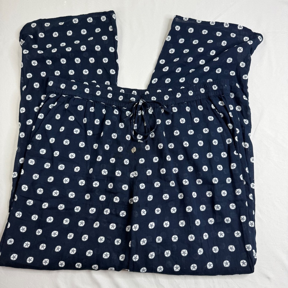 Talbots Womens Navy Blue White Sand Dollar Cotton Pajama Pants M Wide Leg Drawst